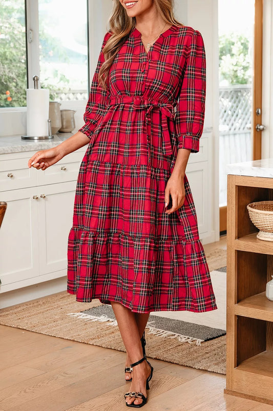 Women's Christmas Plaid V-Neck Midi Dress — Chic and Unique AU