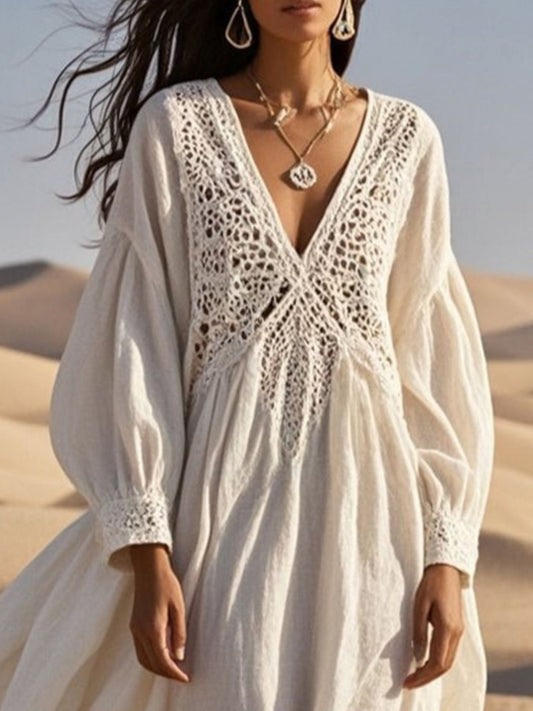 Crochet Trimmed V-Neck Midi Dress — women's casual dress Australia