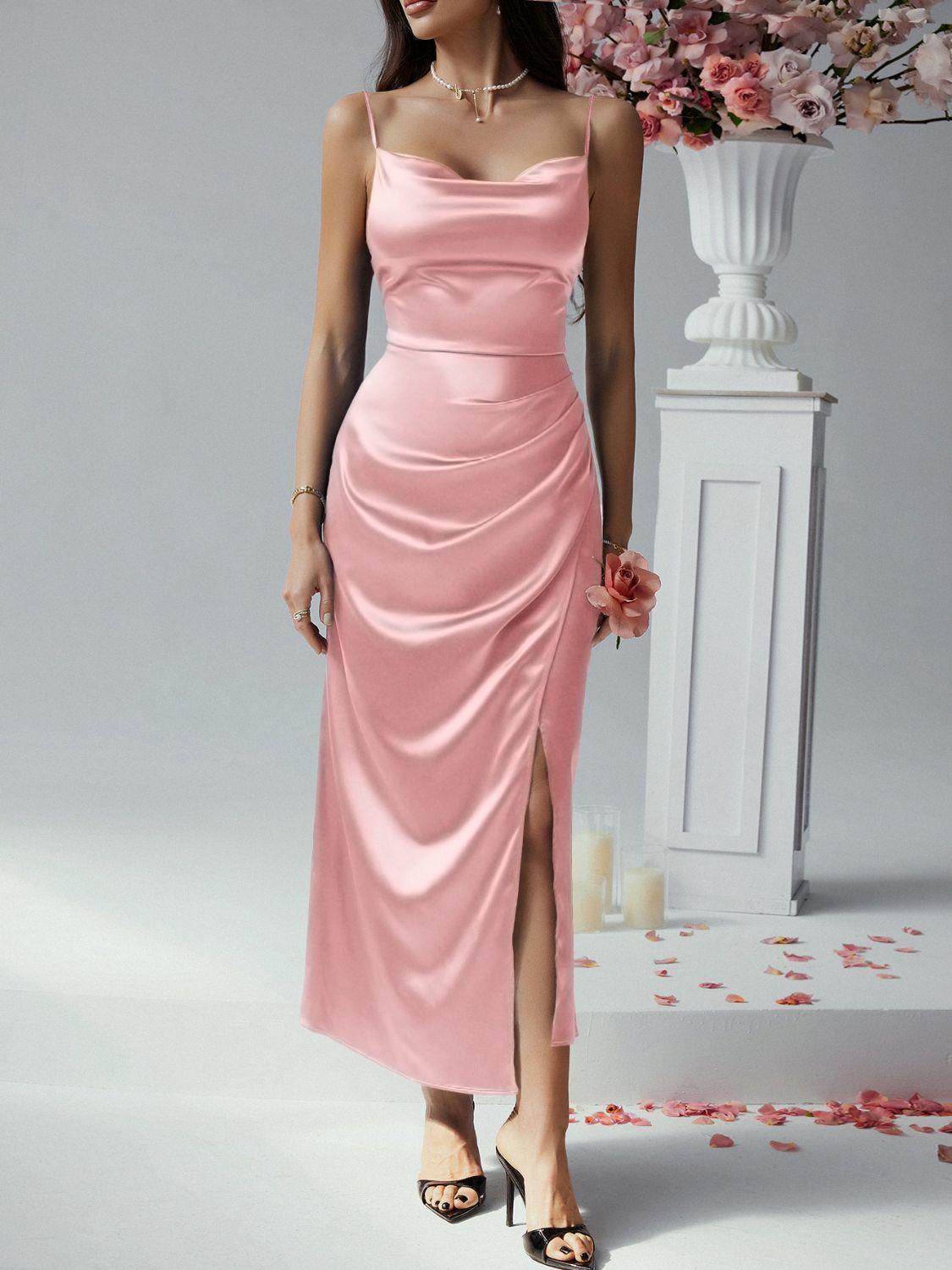 Ruched slit maxi cami formal evening dress in elegant sleeveless style