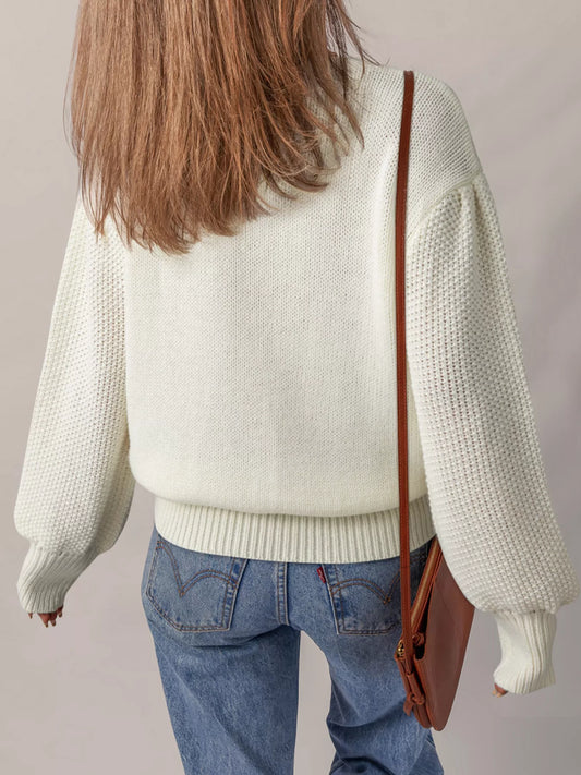 Women's Flower Detail Round Neck Contrast Textured Puff Sleeve Sweater — women's knit sweater Australia