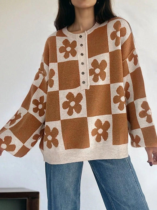 Women's Flower Plaid Henley Baggy Sweater — women's knit sweater Australia