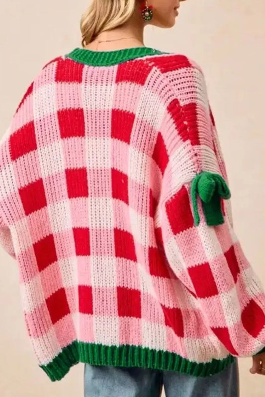 Women's Checkered Bow-Tie Sleeve Knit Christmas Cardigan — women's knitwear Australia