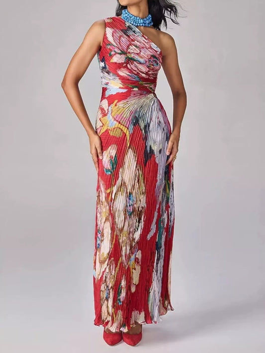 One-Shoulder Pleated Floral Maxi Dress — evening dress Australia