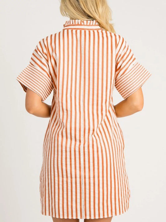 Stripe Pinched V Neck Turn-up Cuffs Shift Mini Dress — women's casual dress Australia