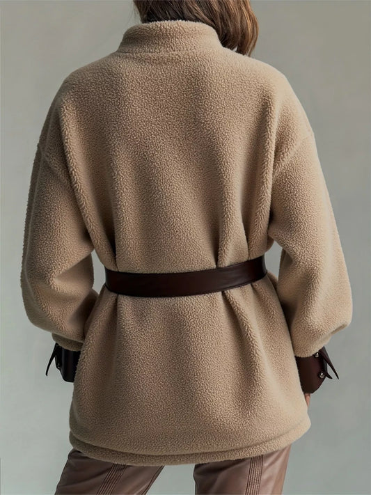 Leather Trim Sherpa Outerwear with Pockets — women's outerwear Australia