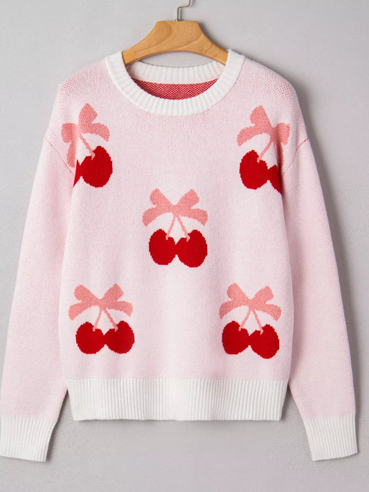 Women's Cherry Pattern Drop Shoulder Sweater — women's knit sweater Australia