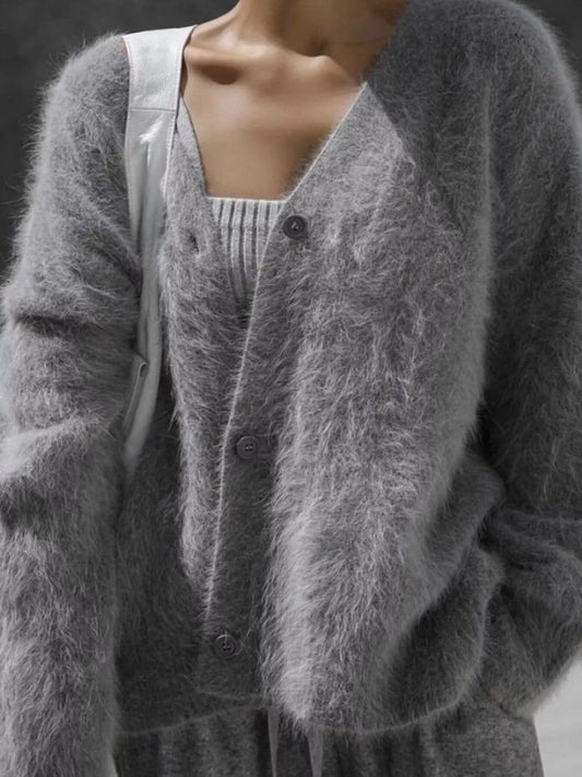 Women's V Neck Button Down Fuzzy Knit Mohair Cardigan — women's knit cardigan Australia