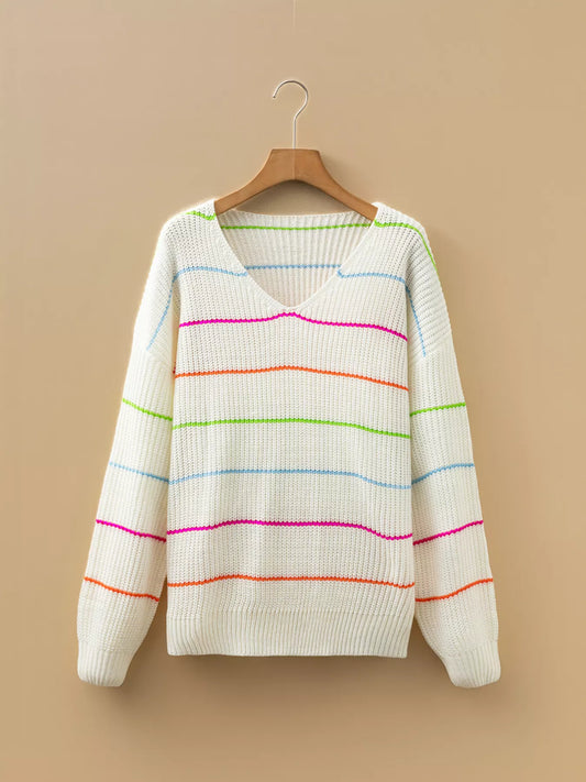 Women's Colorful Striped Detail V Neck Drop Shoulder Baggy Sweater — women's knit sweater Australia