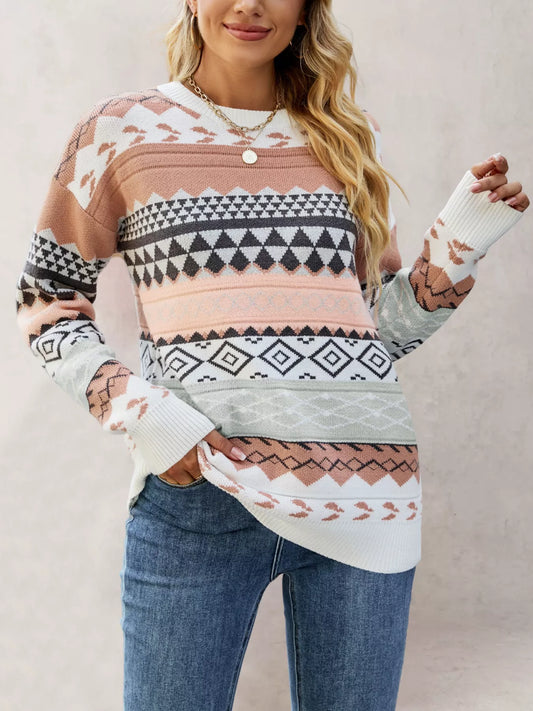Women's Geometric Pattern Round Neck Sweater — women's knitwear Australia