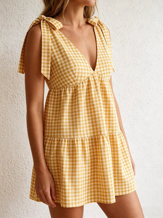 Gingham Tie-Shoulder Mini Dress — women's casual dress Australia