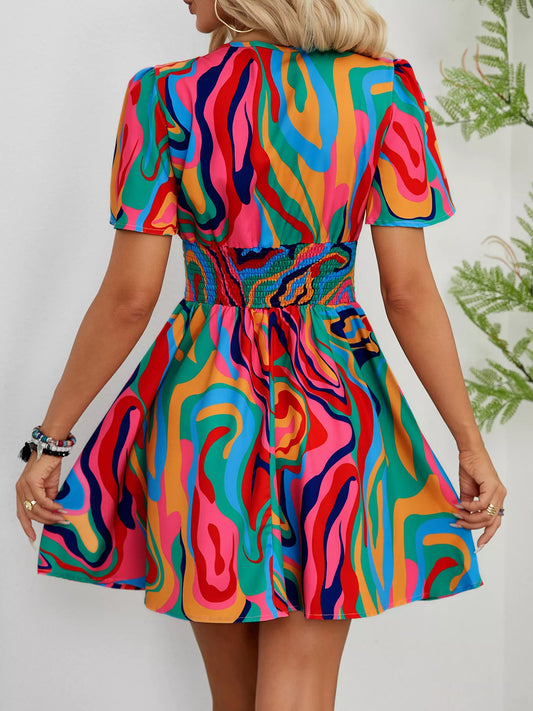Colorful Print Short Sleeve Mini Dress — women's casual dress Australia