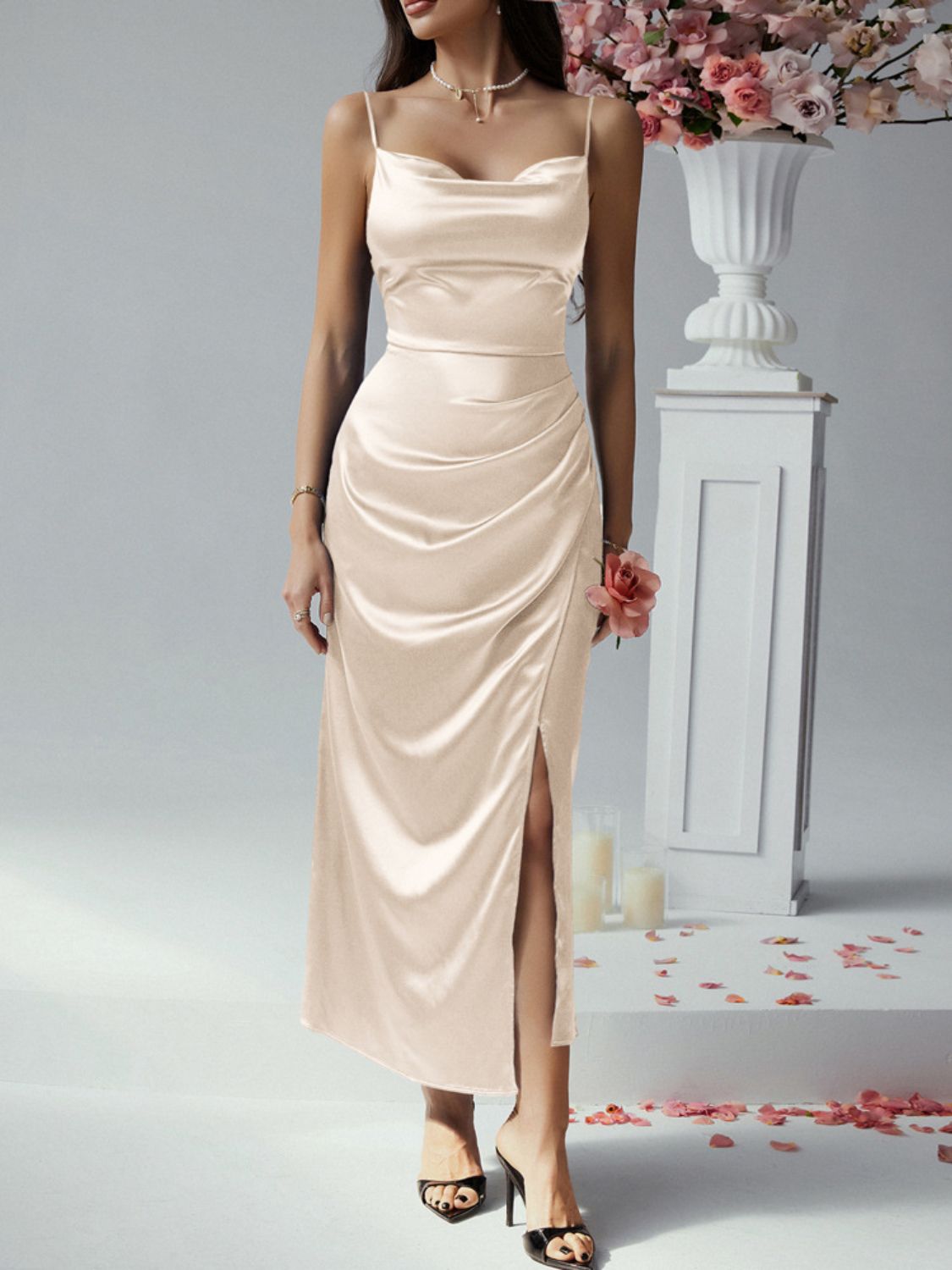Ruched slit maxi cami formal evening dress in elegant sleeveless style