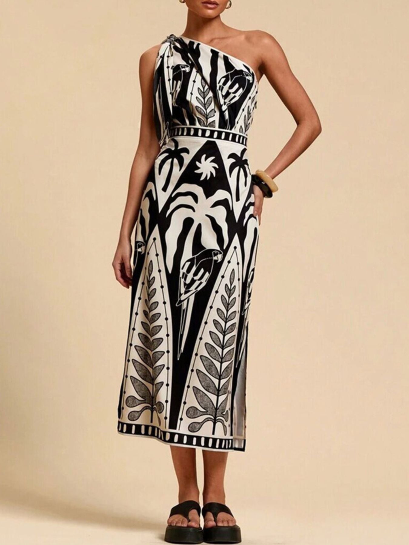Women's One-Shoulder Tropical Print Midi Dress