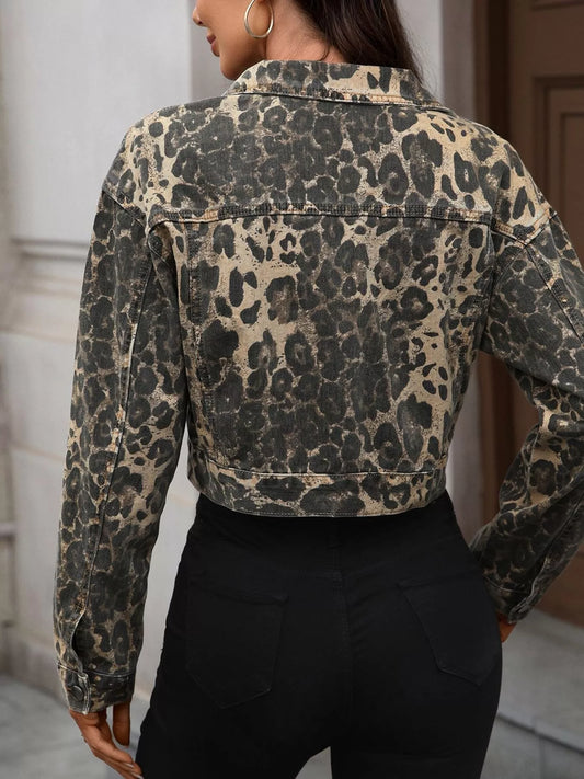 Leopard Button Up Cropped Denim Jacket — women's jacket Australia