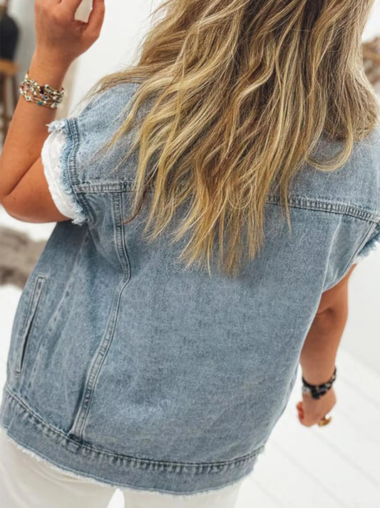 Button Flap Pocket Frayed Detail Denim Vest — women's vest Australia