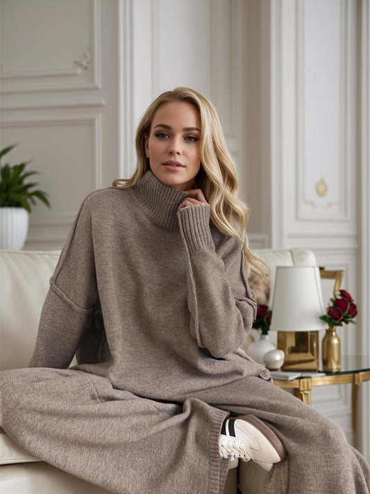 Model wearing cozy taupe knit turtleneck and pants sweater set