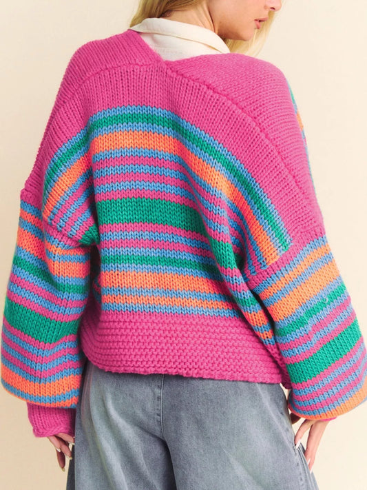 Women's Stripe Colorful Puff Sleeve Drop Shoulder Loose Cardigan — women's knitwear Australia