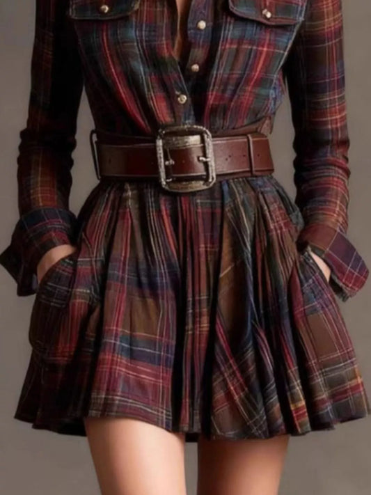 Plaid Long Sleeve Shirt Dress — women's mini dress Australia