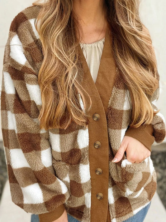 Women's Checkered Sherpa Loose Knit Cardigan with Pockets — women's knit cardigan Australia