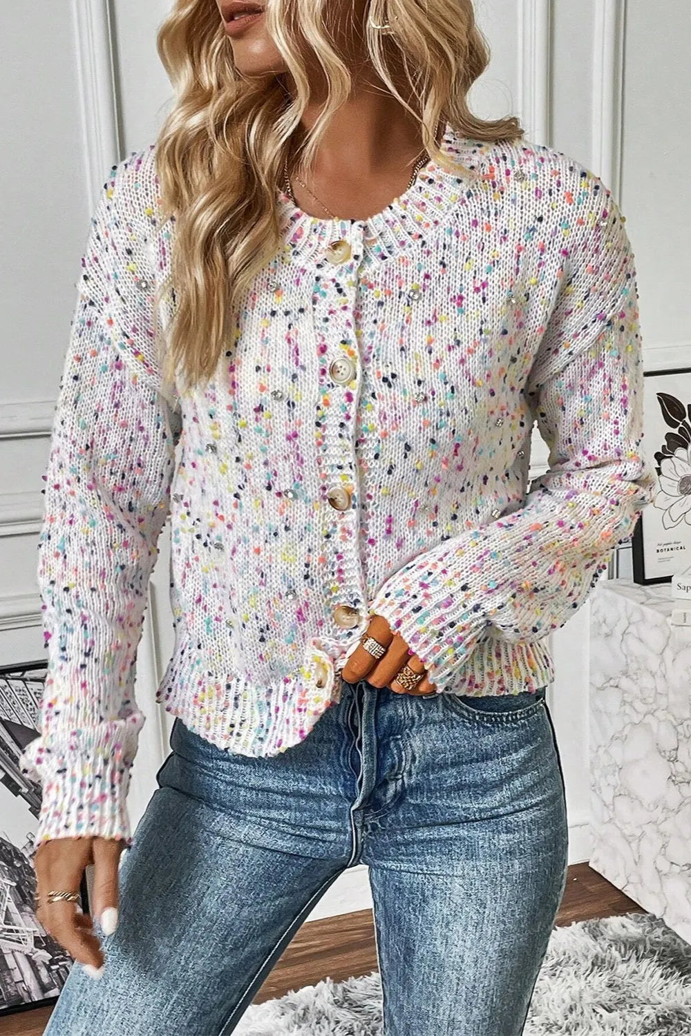 Woman wearing stylish white confetti button up long sleeve cardigan
