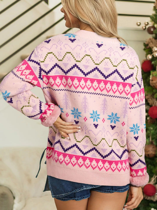 Women's Multicolour Ethnic Christmas Pattern Knit Feather Cuffed Sweater — women's knit sweater Australia