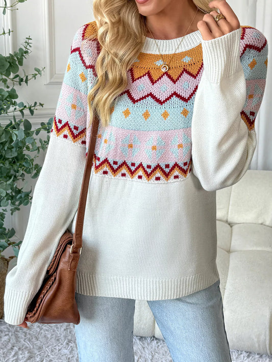 Women's Geometric Round Neck Long Sleeve Sweater — women's knit sweater Australia
