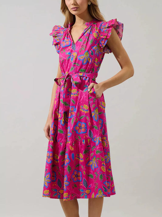 Flutter Sleeve Belted Floral Dress — women's casual dress Australia