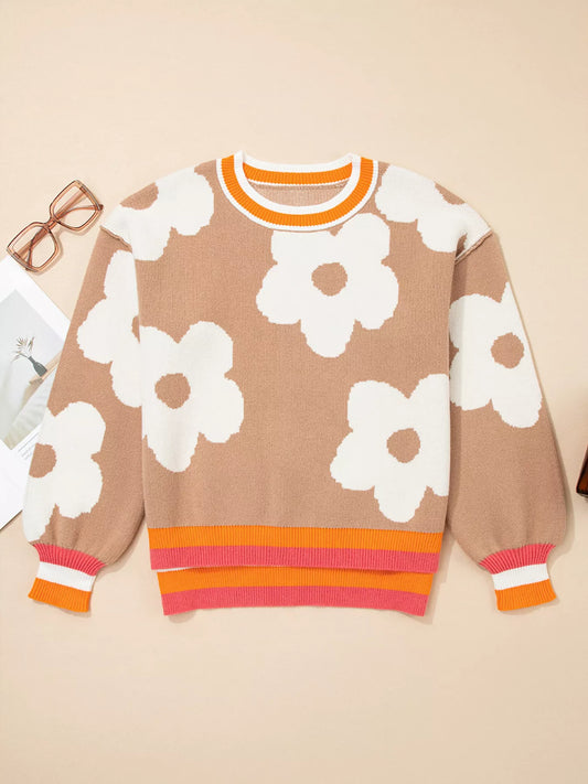 Women's Flower Pattern Contrast Striped Baggy Sweater — women's knit sweater Australia