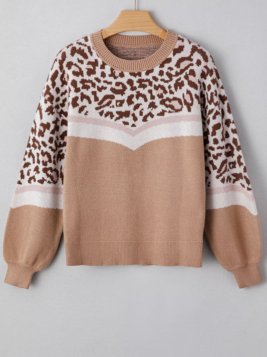 Women's Leopard Color Block Knit Round Neck Baggy Sweater — women's knit sweater Australia