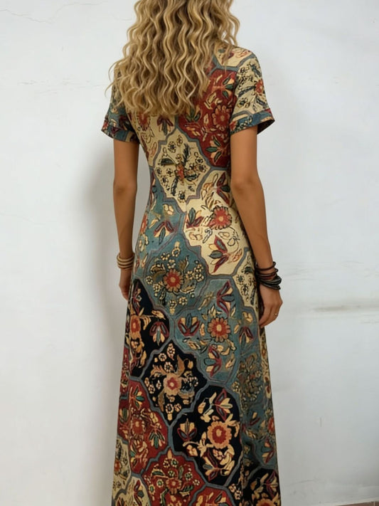 Printed V-Neck Short Sleeve Midi Dress — women's casual dress Australia