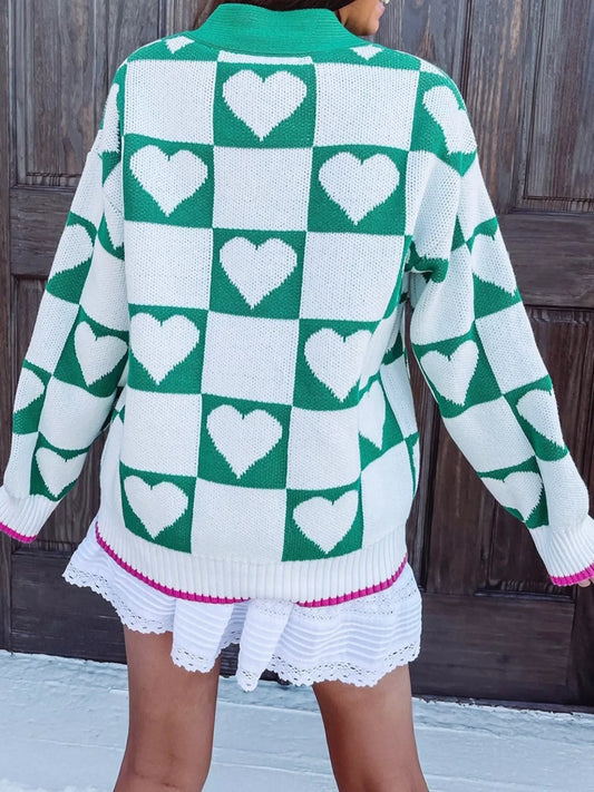 Women's Plaid Heart Knit V Neck Button Down Sweater Cardigan — women's knit cardigan Australia