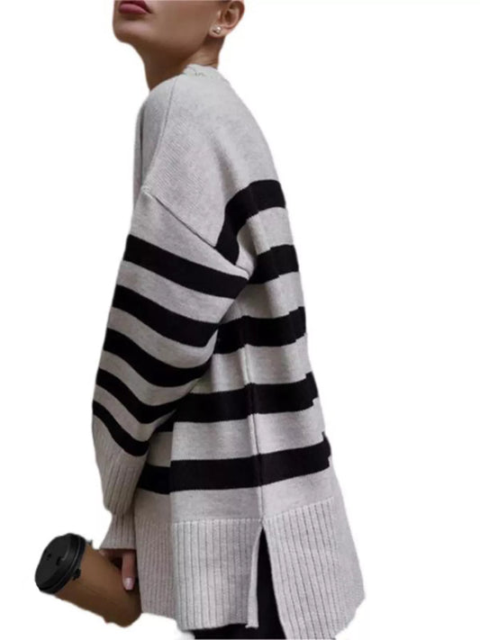 Women's Side Slit Striped Oversized Knit Sweater — women's knit sweater Australia