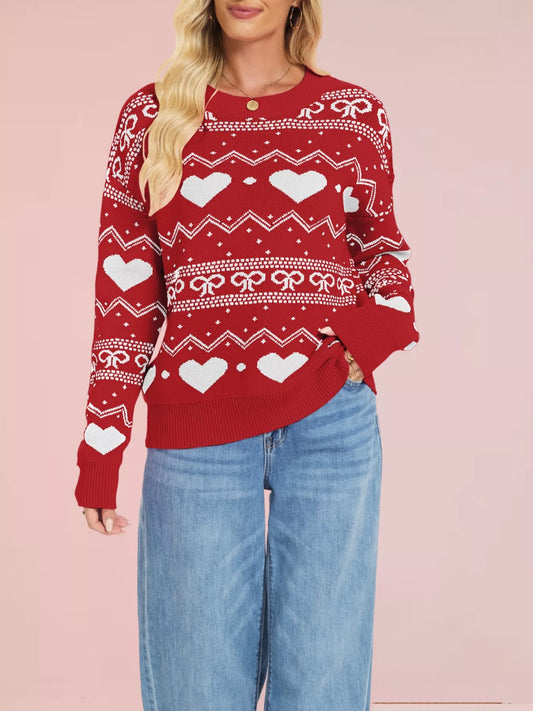 Women's Heart & Bow Pattern Round Neck Sweater — women's knitwear Australia