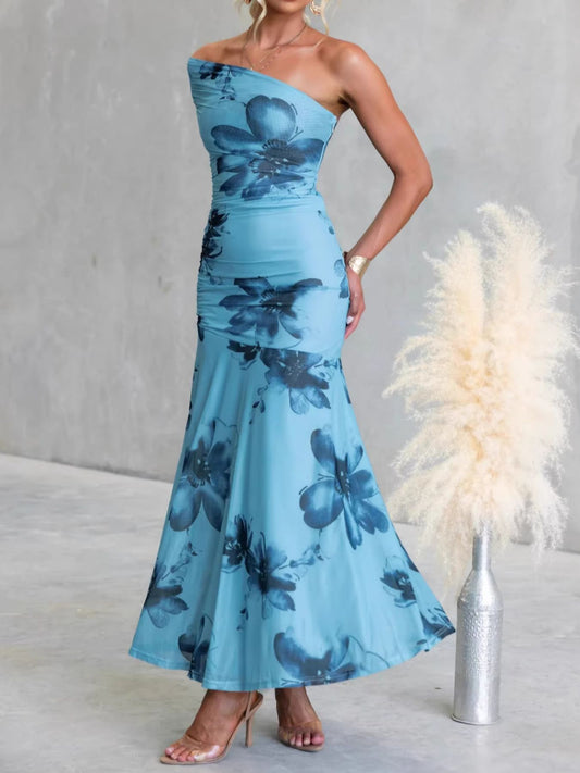 Floral Print One-Shoulder Ruched Maxi Dress β women's maxi dress Australia