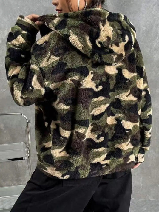 Camo Print Fuzzy Zip Up Outerwear — women's outerwear Australia