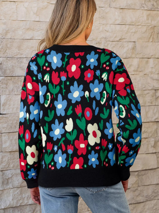 Women's Floral Print V Neck Buttoned Cardigan — women's knit cardigan Australia