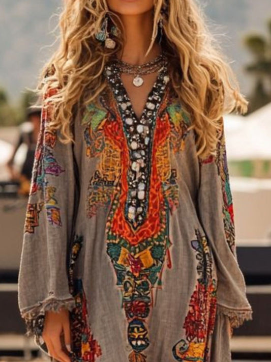 Fringe Hem Notched Long Sleeve Dress — women's casual dress Australia