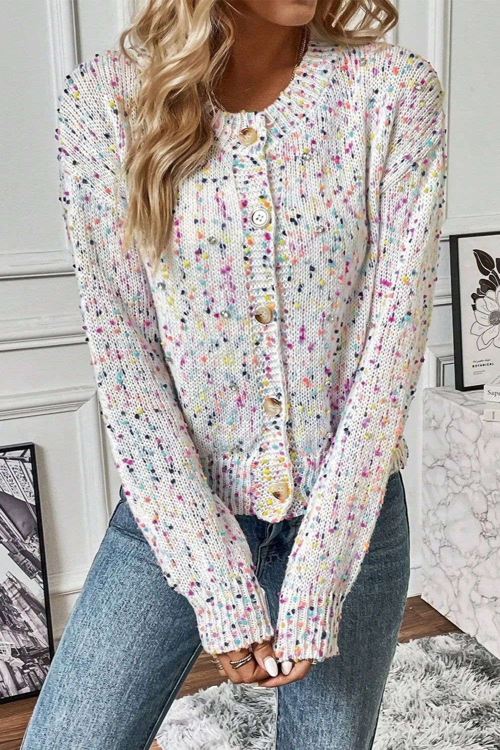 Woman wearing stylish white confetti button up long sleeve cardigan