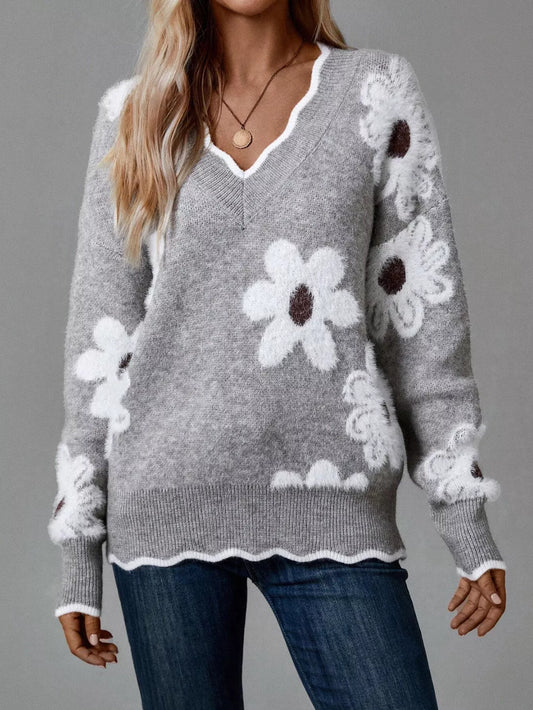 Women's Floral V-Neck Long Sleeve Sweater — women's knitwear Australia