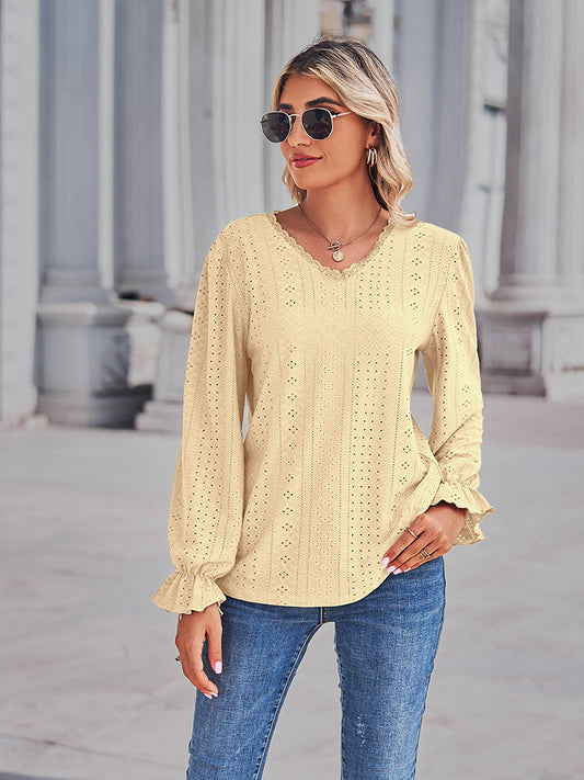 Women's eyelet V-neck flounce sleeve blouse in butter lemon yellow for the spring 2026 colour trend