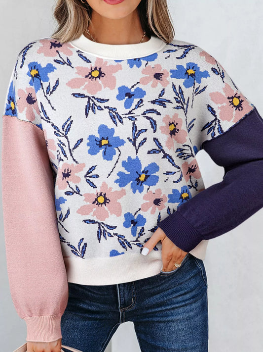 Women's Floral Panel Colorblock Sleeve Patchwork Sweater — women's knit sweater Australia