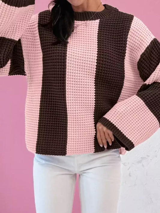 Women's Striped Color Block Waffle Knit Sweater — women's knit sweater Australia