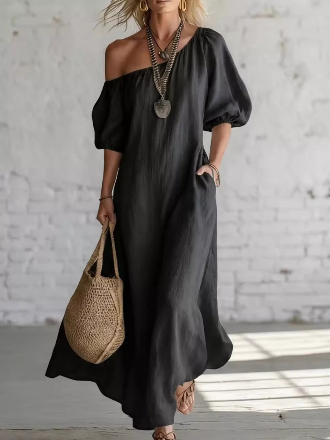 Women's One-Shoulder Puff Sleeve Maxi Dress — Chic and Unique AU