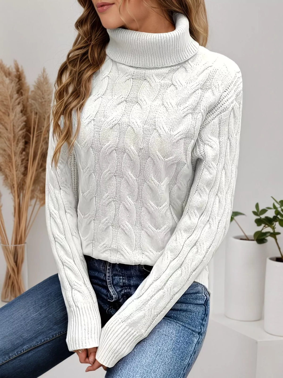 Women's Cable Knit Turtleneck Long Sleeve Sweater — women's knit sweater Australia