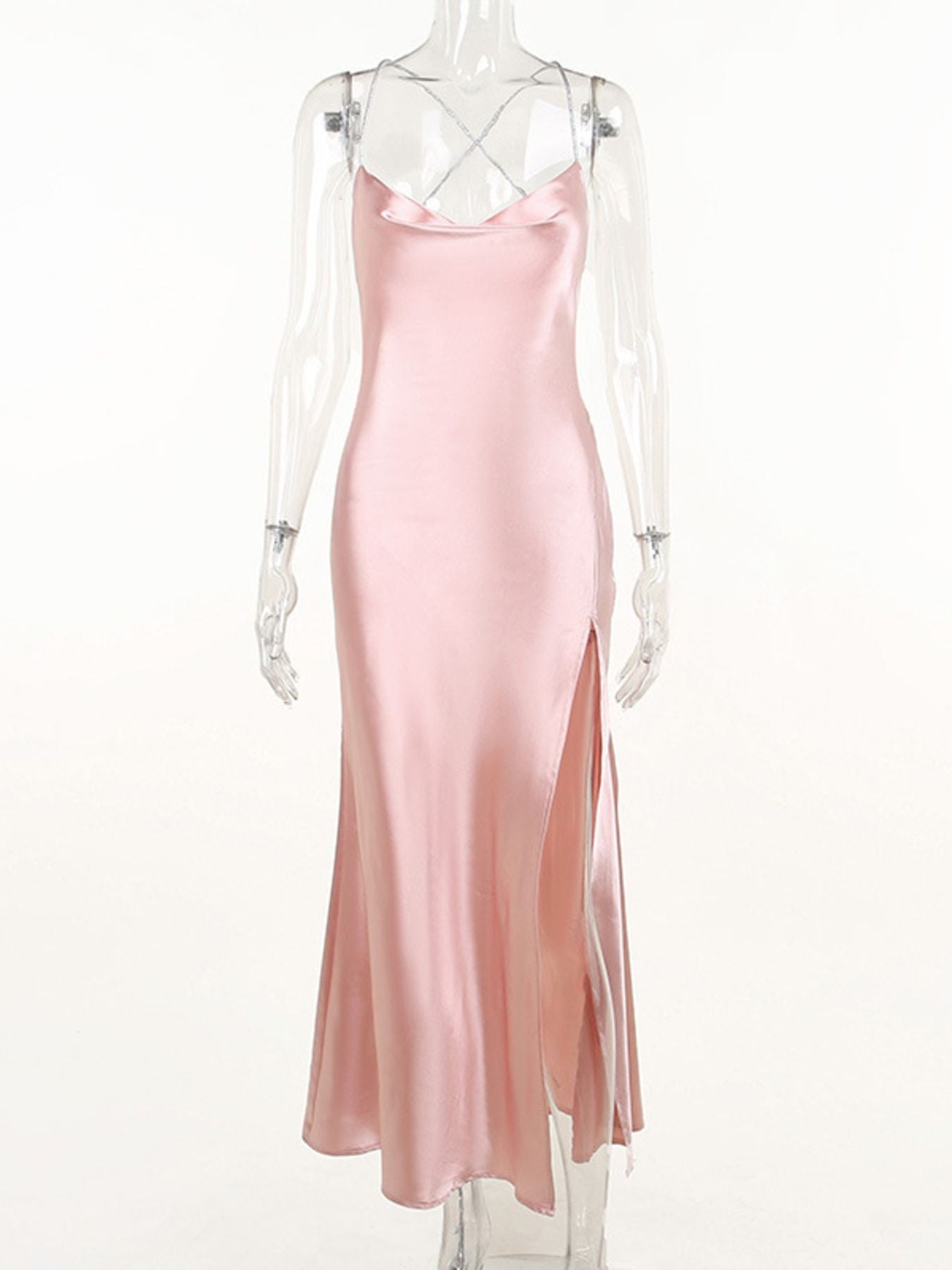 Women's Slinky Satin Cowl Neck High Slit Dress with Back Lace Up — Chic and Unique AU