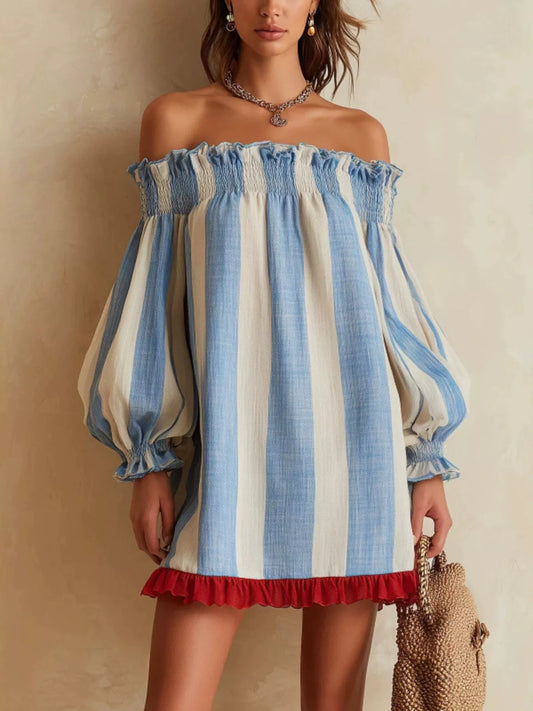 Off-Shoulder Striped Ruffle Hem Mini Dress — women's mini dress Australia