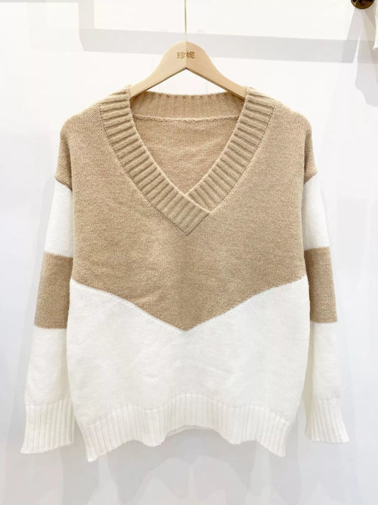 Women's Color Block V-Neck Knit Sweater — women's knit sweater Australia