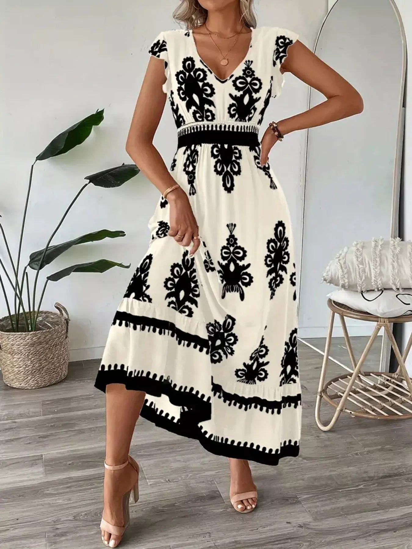 Women's Ruffled Printed V-Neck Maxi Dress — Chic and Unique AU