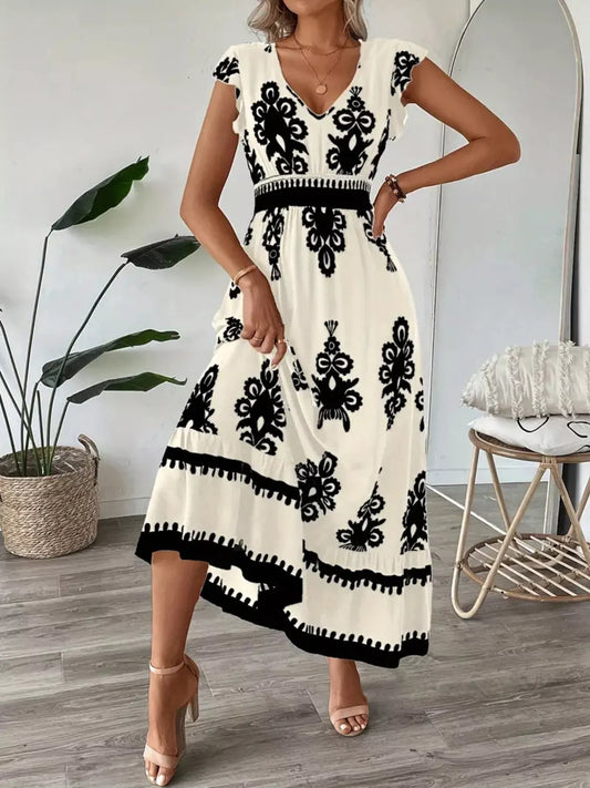 Women's Ruffled Printed V-Neck Maxi Dress — Chic and Unique AU