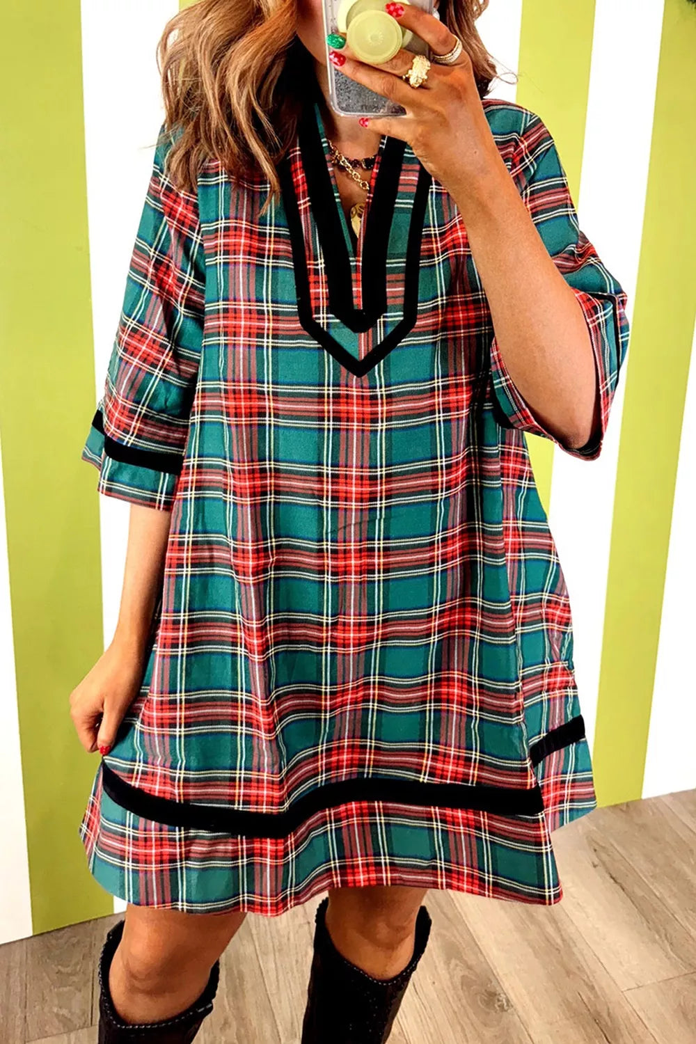 Women's Plaid Velvet Trim Short Shift Dress with Pockets — Chic and Unique AU